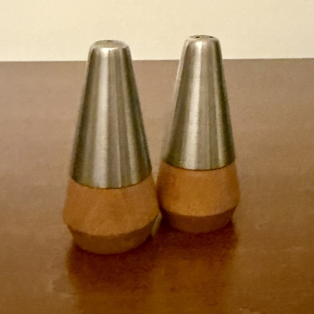 Vintage MCM Denmark Danish Modern Teak Wood Metal Salt Pepper Shakers